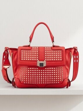 Rebecca Minkoff Red Leather Studded Side Zip Convertible Satchel Crossbody Bag